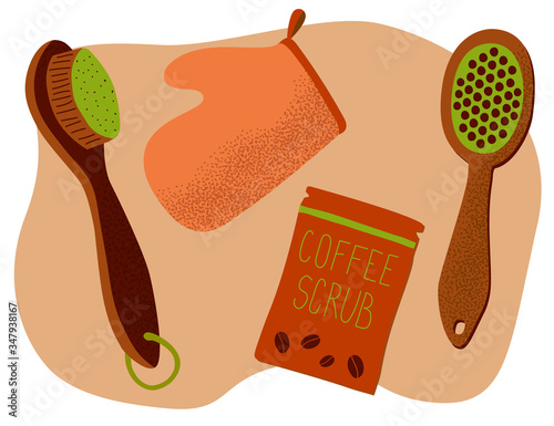 Wellness essentials vector set. Taking care of yourself while staying home. Wooden dry massage brushes, glove and coffe scrub. Spa treatment accessories to scrub and peel.