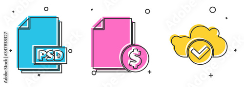 Set PSD file document, Finance document and Cloud with check mark icon