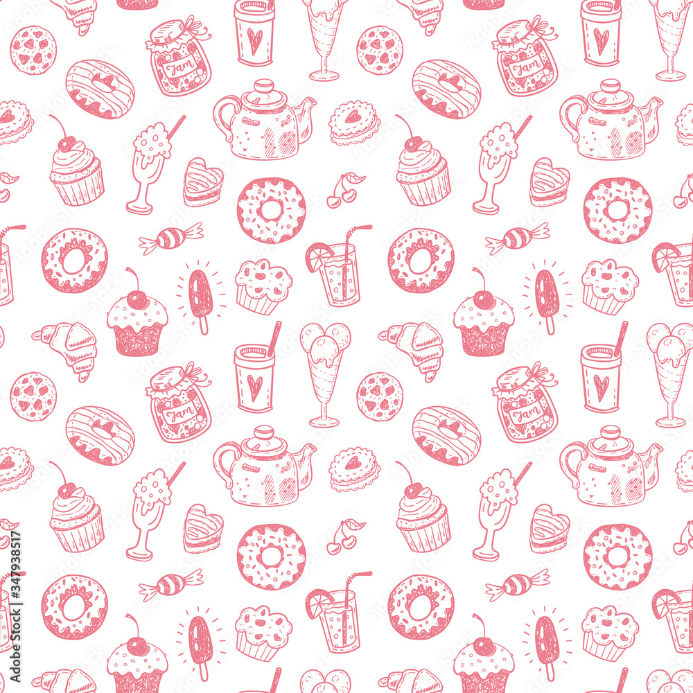 Seamless pattern with hand drawn doodle dessert