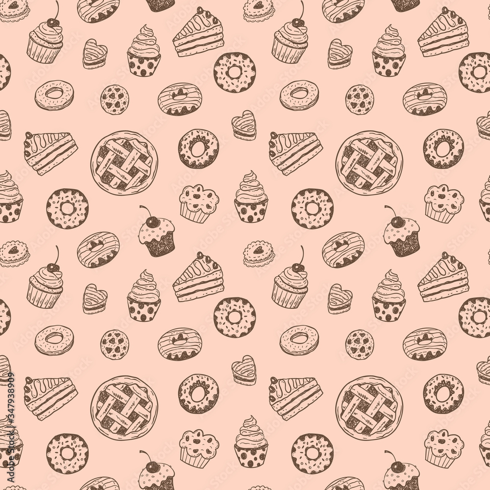 Seamless pattern with hand drawn doodle desserts: donuts, cupcakes, cake, pie, muffins