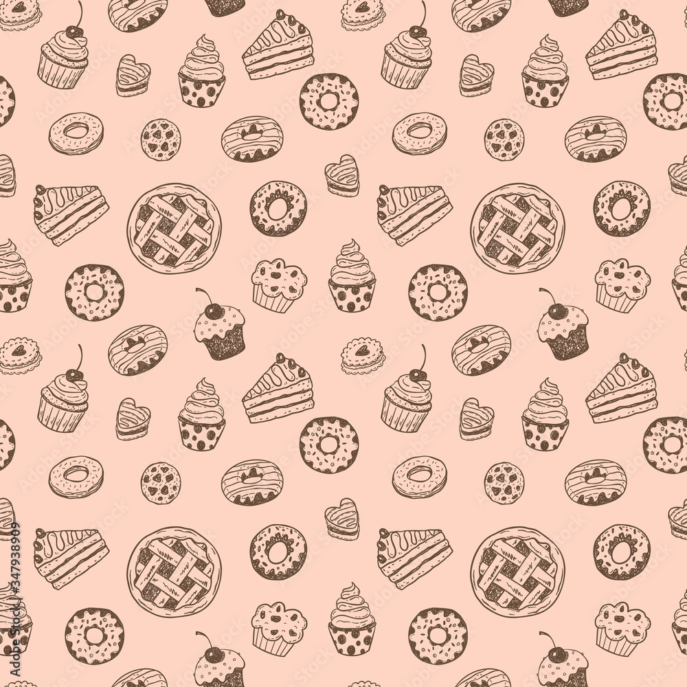 Seamless pattern with hand drawn doodle desserts: donuts, cupcakes, cake, pie, muffins Seamless pattern with hand drawn doodle desserts: donuts, cupcakes, cake, pie, muffins