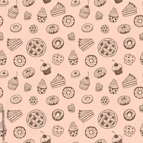Seamless pattern with hand drawn doodle desserts  donuts  cupcakes  cake  pie  muffins