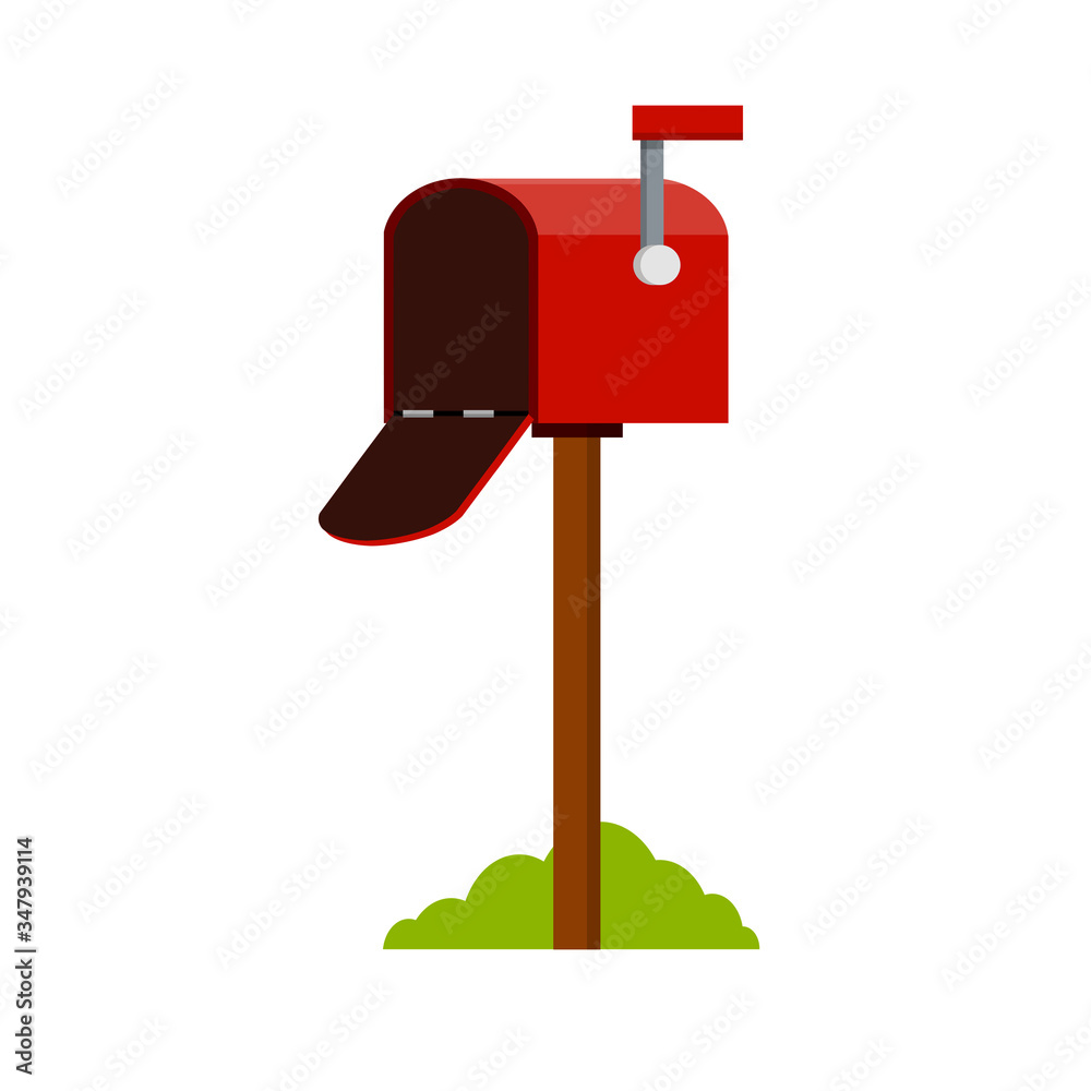 Open Red mailbox. Mail and message. Cartoon flat illustration. Work post office. Communication between people Open Red mailbox. Mail and message. Cartoon flat illustration. Work post office. Communication between people