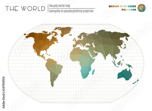 Abstract world map. Kavrayskiy VII pseudocylindrical projection of the world. Brown Blue Green colored polygons. Trending vector illustration.