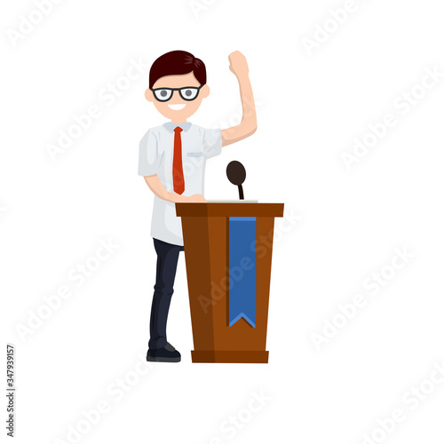 Presidential election. Male politician stands behind the podium. Male speech. Debate and discussion. Lecturer at lecture in suit. Cartoon flat illustration