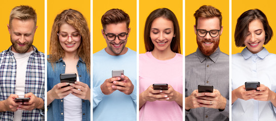 Contemporary people using smartphones and smiling