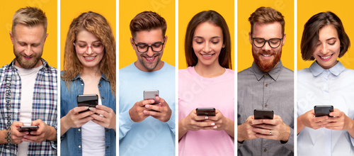 Contemporary people using smartphones and smiling