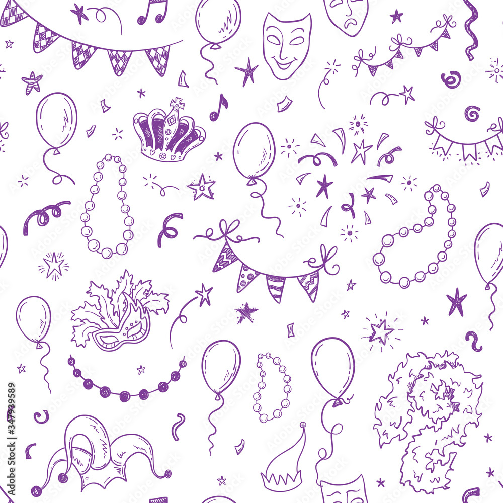 Mardi Gras carnival seamless pattern with hand drawn doodle masquerade elements Mardi Gras carnival seamless pattern with hand drawn doodle masquerade elements
