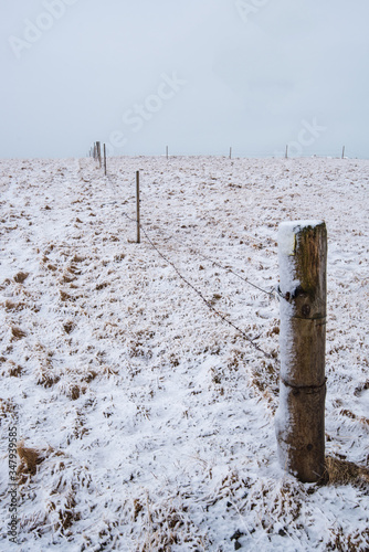 Boundary fence on an icy farmland in spring. Iceland photo