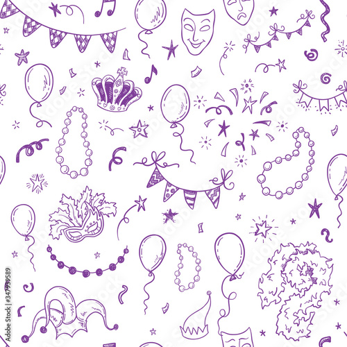 Mardi Gras carnival seamless pattern with hand drawn doodle masquerade elements