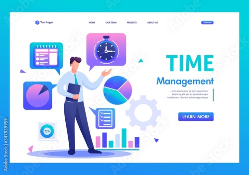 Young businessman is engaged in time management. Flat 2D character. Landing page concepts and web design