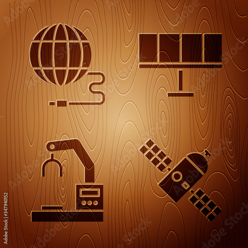 Set Satellite, Social network, Robotic robot arm hand factory and Solar energy panel on wooden background
