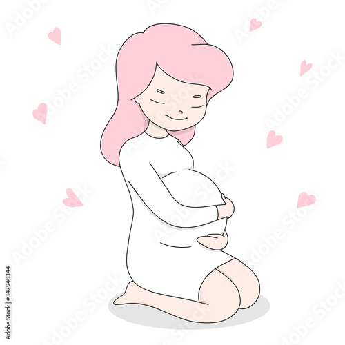 A young pregnant woman in a white dress sits and gently strokes her belly. The theme of motherhood.