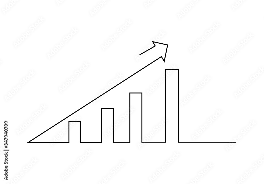 One continuous line drawing of graph icon isolated on white background. Growing graph, chart image with arrow up. Vector illustration for banner, web, design element, template, postcard. - obrazy, fototapety, plakaty 