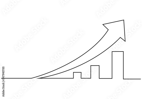 One continuous line drawing of graph icon isolated on white background. Growing graph, chart image with arrow up. Vector illustration for banner, web, design element, template, postcard.