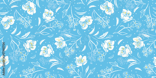 Vector elegant botany hand drawn buttercup repeat pattern with shape and outline florals on blue background. Nature background. Surface pattern design.