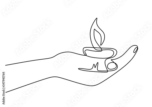 Candle in hand one line illustration. Human hands holding a memory candle in the palms. Burning candle in hands. Minimalism vector isolated on white background.