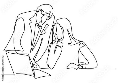 continuous line drawing of two coworkers discussing work on screen. Young man and young woman in front of computer watching laptop computer together and talking about problem. Vector illustration.