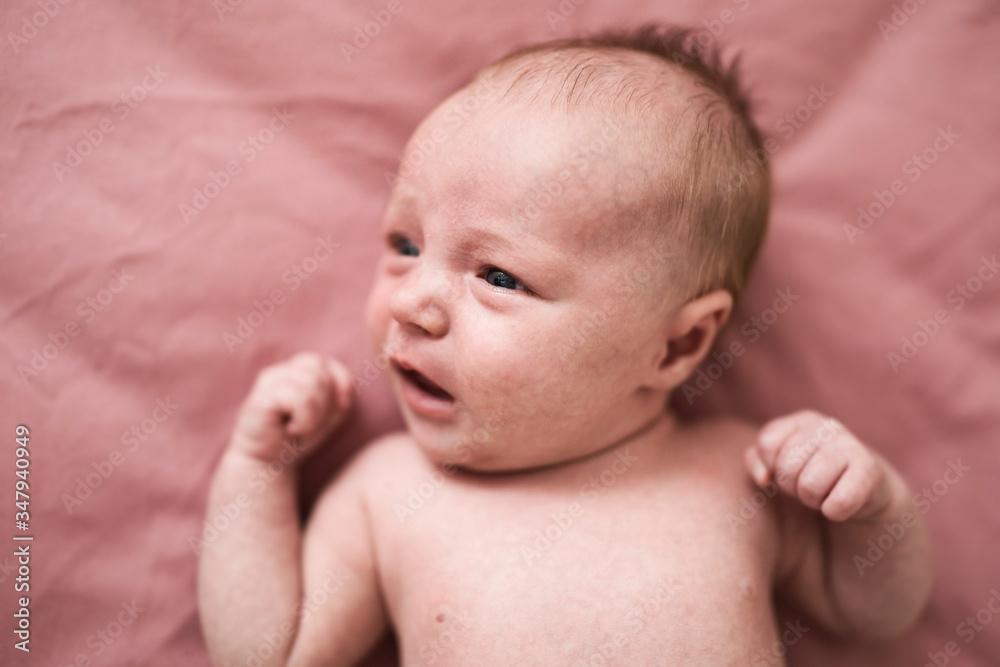 newborn girl on a pink background at home newborn girl on a pink background at home