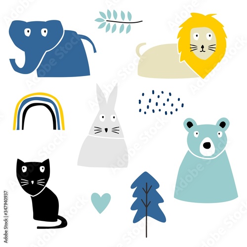 Cute animal scandinavian drawing set elements. Vector illustration, Good for baby's shirt design, fashion design. Funny baby elephant, lion, cats, rabbit, and bear.