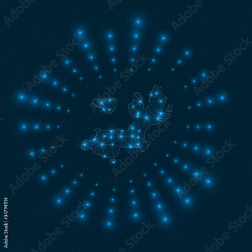 Terre-de-Haut Island digital map. Glowing rays radiating from the island. Network connections and telecommunication design. Vector illustration.
