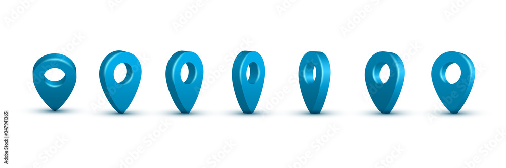 Shiny blue realistic map pins set. Vector 3d pointers isolated on white background. Location symbols in various angles Shiny blue realistic map pins set. Vector 3d pointers isolated on white background. Location symbols in various angles