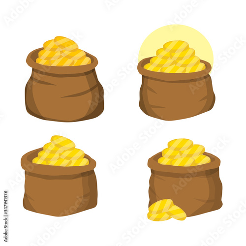 Canvas open bag with gold coins. burlap sack with money. Treasure, Bank Deposit and prize. Set of wealth. Cartoon flat illustration
