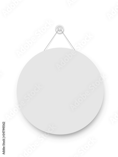 Realistic empty blank signboard white circle hanged on suction cup. Round shape sign frame template hanging on wall. Price tag mockup. Advertisement, promotion isolated on white background.