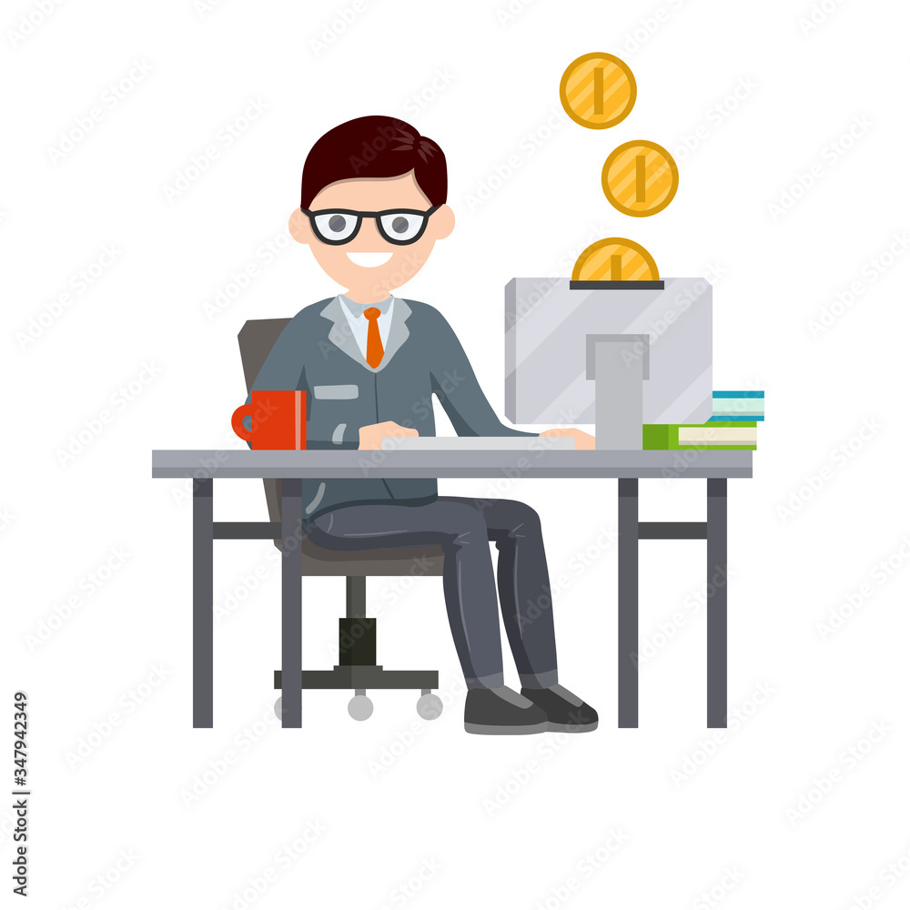 Man sitting at table with computer and typing text message. Salary on Internet. Cartoon flat illustration. Gold Coins are falling in money box in monitor. Employee at work in office. Online earnings Man sitting at table with computer and typing text message. Salary on Internet. Cartoon flat illustration. Gold Coins are falling in money box in monitor. Employee at work in office. Online earnings