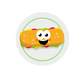 Sandwich with funny face. Street food and fast food element. Mascot character. Long burger with meat and vegetables. Ciabatta bread. Eyes and smile. Cartoon flat illustration