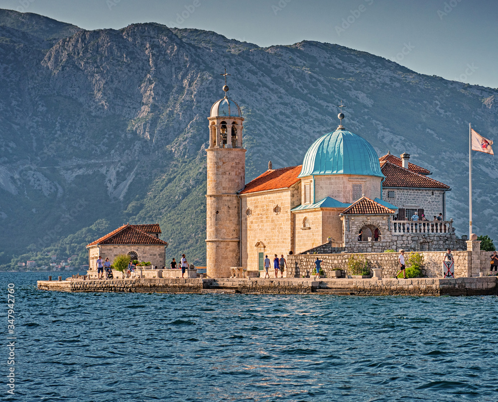 View on the Church of Mary on the reef in Perast, Montenegro.
