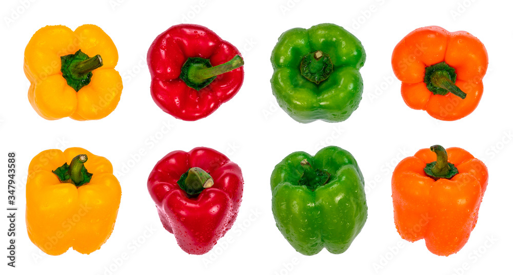 Yellow, red, green and orange sweet bell peppers arranged in rows, front and back view. Organic fresh vegetables with water drops, isolated on white background Yellow, red, green and orange sweet bell peppers arranged in rows, front and back view. Organic fresh vegetables with water drops, isolated on white background