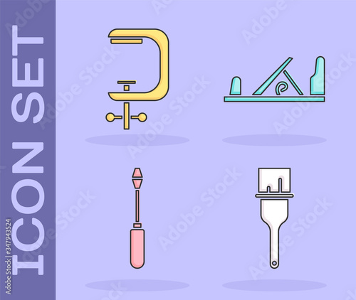 Set Paint brush, Clamp and screw tool, Screwdriver and Wood plane tool icon