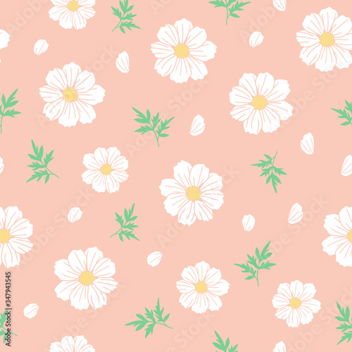 White floral vector seamless pattern. Cosmos flowers with leaves on peach background. Great for spring and summer wallpaper, backgrounds, invitations, packaging design projects.