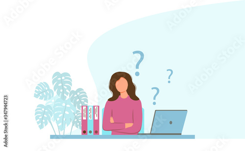 Young woman is thinking in the workplace. Workplace with a laptop. The concept of fatigue, disappointment, problems at work or learning issues. Female character and question marks.