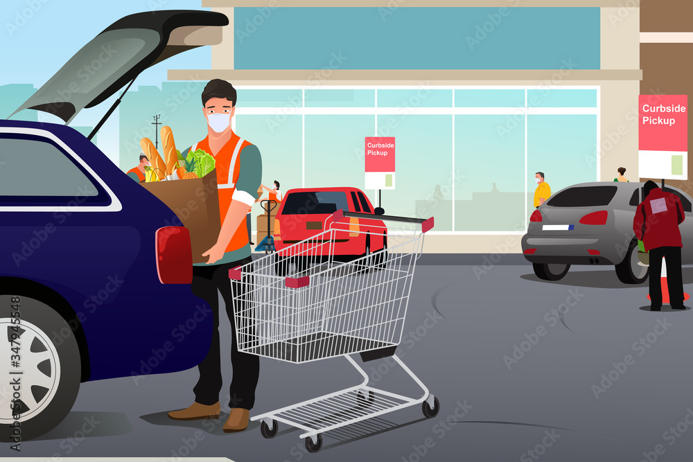 Grocery Worker Putting Groceries Inside a Car at Curbside Pickup ...