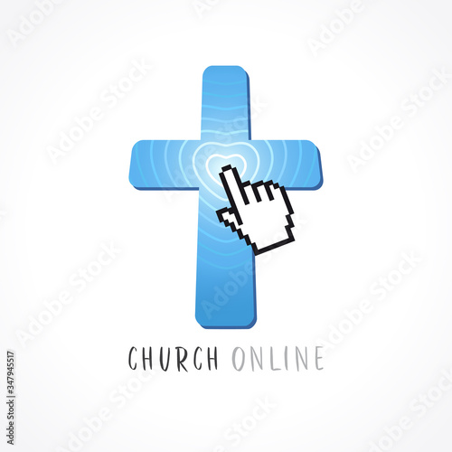 Cross, tap finger and heart radio waves logo. Religious creative christian logotype. Pixel symbol. Isolated abstract graphic web design template. Phone app brand concept, internet live stream emblem.
