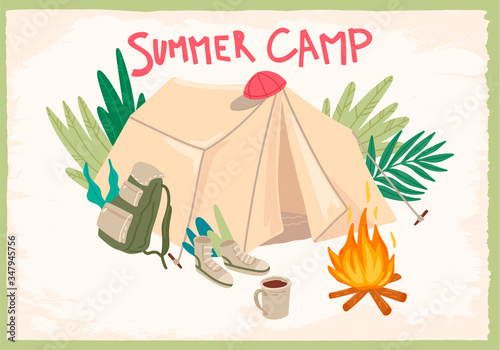 Summer holiday. Camping in forest with tent. Vector cartoon concept