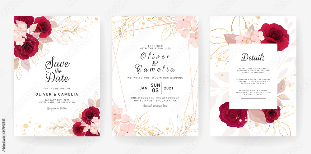 Abstract Background. Wedding invitation card template set with watercolor  and floral decoration. Flowers illustration for save the date, greeting,  poster, and cover design Stock Vector | Adobe Stock