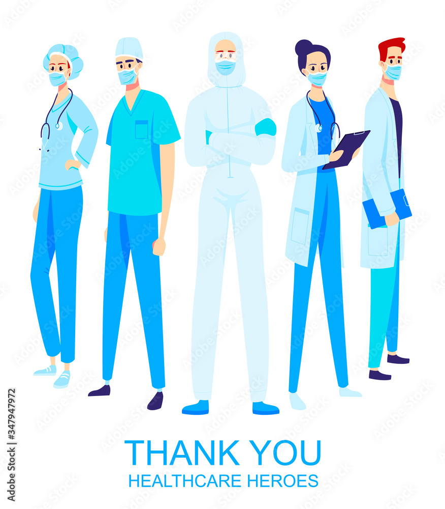 Thank you healthcare heroes working in the hospitals and fighting the coronavirus outbreak. Frontliners, illustration of doctors and nurses characters wearing masks in flat style Thank you healthcare heroes working in the hospitals and fighting the coronavirus outbreak. Frontliners, illustration of doctors and nurses characters wearing masks in flat style