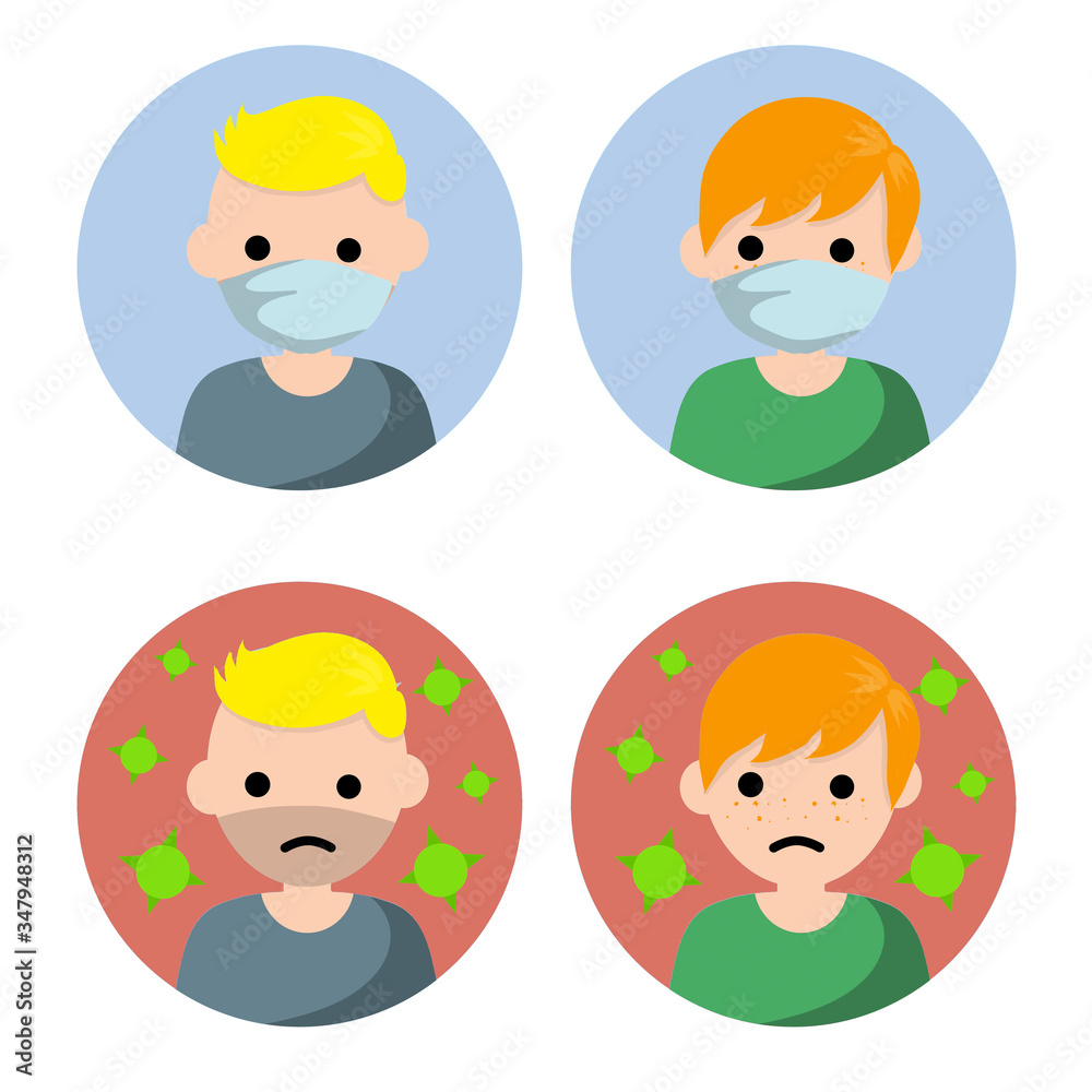 Man in medical mask. Protection from coronavirus and disease. Prevention of epidemic. Avatar of sad boy and guy. Bacteria and microbes. Flat illustration Man in medical mask. Protection from coronavirus and disease. Prevention of epidemic. Avatar of sad boy and guy. Bacteria and microbes. Flat illustration