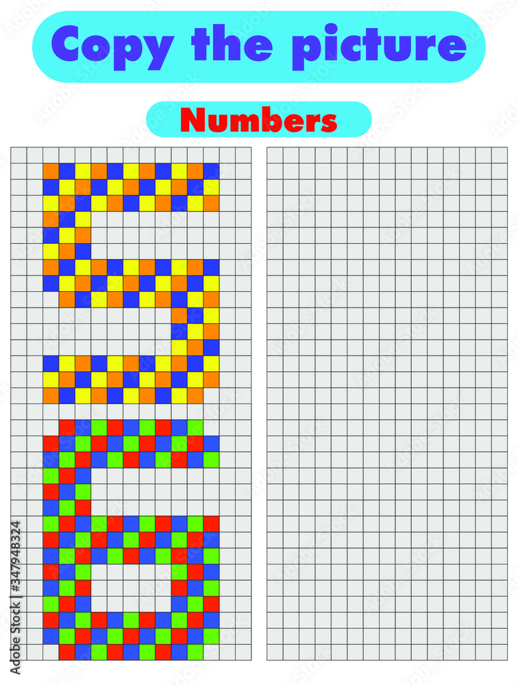 Copy the picture. Draw the numbers using the grid. Color by example ...