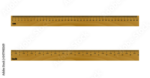 Inch and metric rulers with wood texture. Centimeters and inches measuring scale cm metrics indicator. Precision measurement centimeter icon tools of measure size indication ruler tools. Vector 