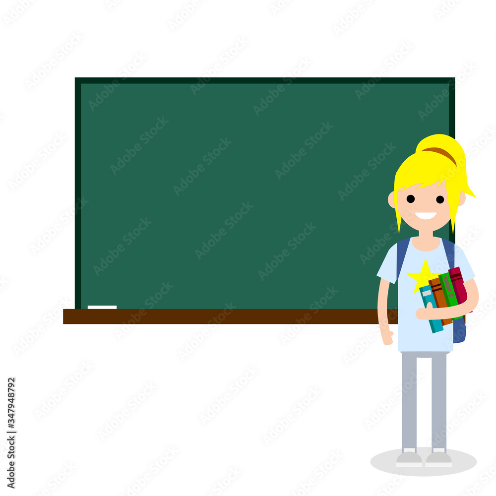Female student with books and backpack in high school at clean Board with chalk. Education in University and College. Girl and knowledge. Young woman. Cartoon flat illustration Female student with books and backpack in high school at clean Board with chalk. Education in University and College. Girl and knowledge. Young woman. Cartoon flat illustration