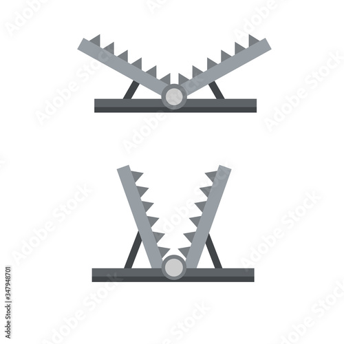 Trap for hunting animals. snare with sharp prongs. Set of steel dangerous objects. Cartoon flat illustration
