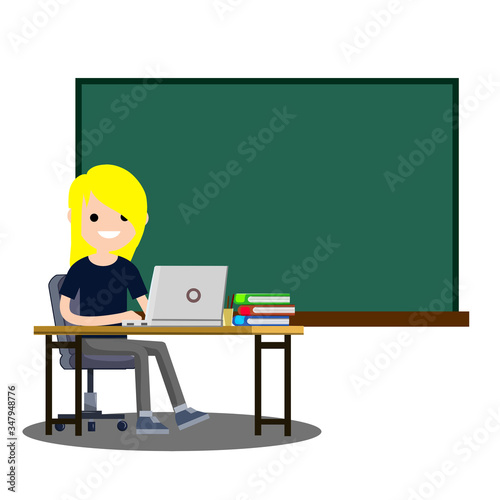 Teacher sits at table near empty chalkboard. Education in high school and College. Computer and books to educator. Lecturer at work. Place for text. Cartoon flat illustration
