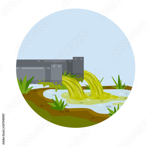 Industrial discharge from the pipe. Pollution of nature and ecology. Green stream in the river. Chemical waste. Cartoon flat illustration. Modern problem
