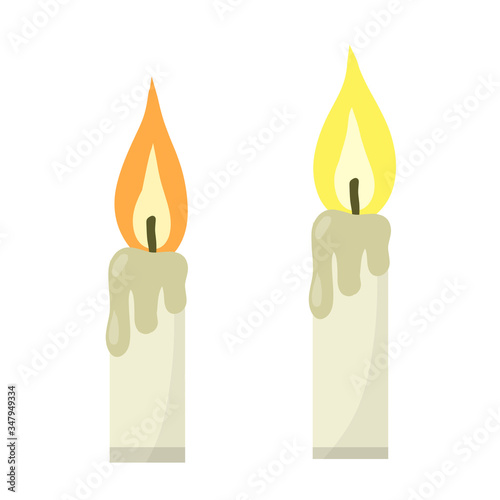 Candle with fire. flame with wick. Element of a new year, religion and villages. Wax object for lighting. Cartoon flat illustration