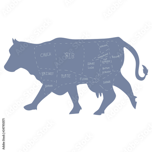 Cute french farmhouse cow butcher chart vector clipart. Hand drawn shabby chic style country farm kitchen. Illustration of bovine farm animal livestock ranch graphic. Heifer graphic EPS 10. 