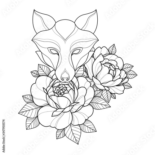 Hand drawing  fox with flowers for greeting card, invitation, Henna drawing and tattoo template. Vector illustration